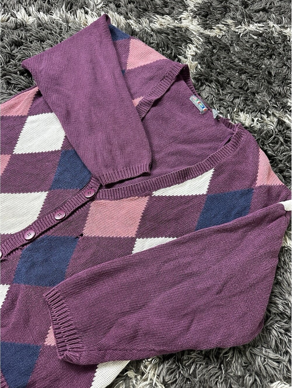 Vintage 90s Paris Sport Club Argyle Knit Cardigan Sweater Mens Large Purple